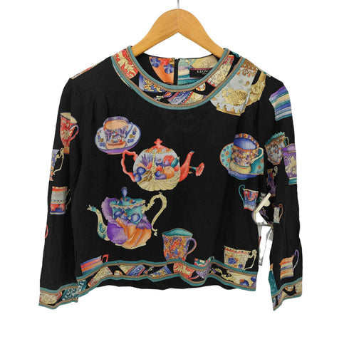 レオナール LEONARD 総柄 ティーカップ ウール シルク L/S シャツ ブラウス レディース JPN:M