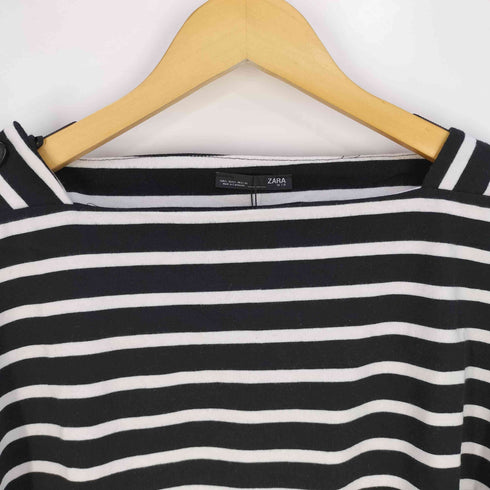 ザラ ZARA サイドボタン スクエアネック ボーダーTシャツ レディース import:L