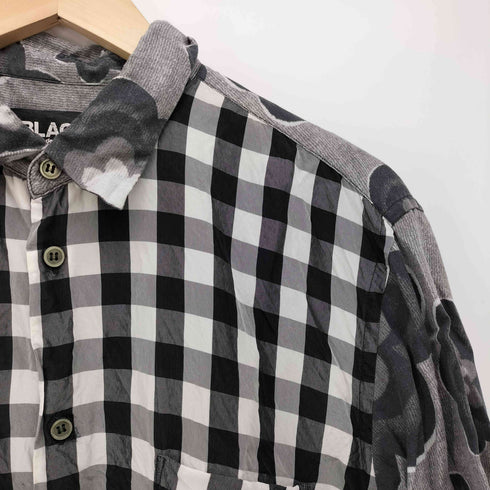 ブラックコムデギャルソン BLACK COMME des GARCONS AD2011 PLAID PATTERN X FLORAL PATTERN PANELED DESIGN SHORT SLEEVE SHIRT 柄切替 レーヨン 半袖 シャツ メンズ JPN:L