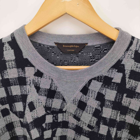 エルメネジルドゼニア Ermenegildo Zegna イタリア製 前V ガゼット ロゴ 刺繍 ランダムチェック クルーネック コットン ニット メンズ EUR:46