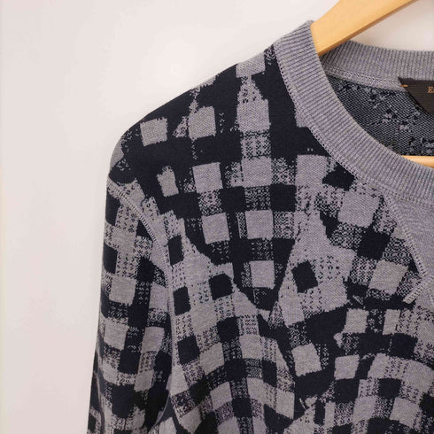 エルメネジルドゼニア Ermenegildo Zegna イタリア製 前V ガゼット ロゴ 刺繍 ランダムチェック クルーネック コットン ニット メンズ EUR:46