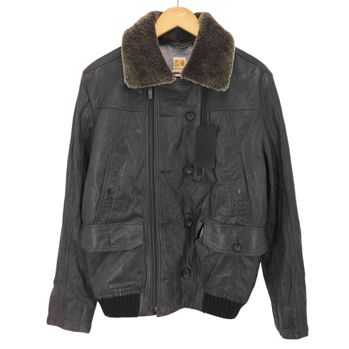 ボスオレンジ BOSS ORANGE 裏地チェックブランケット 襟ボア シープレザー ジップアップ ジャケット メンズ FR:48