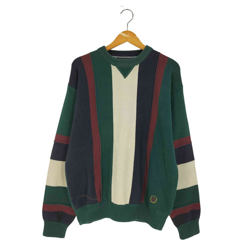 トミーヒルフィガー TOMMY HILFIGER 80-90s インド製 フラッグタグ エンブレム刺繍 マルチカラーストライプ 前V コットン ニット メンズ import:L