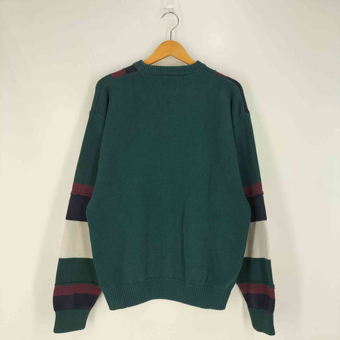 トミーヒルフィガー TOMMY HILFIGER 80-90s インド製 フラッグタグ エンブレム刺繍 マルチカラーストライプ 前V コットン ニット メンズ import:L