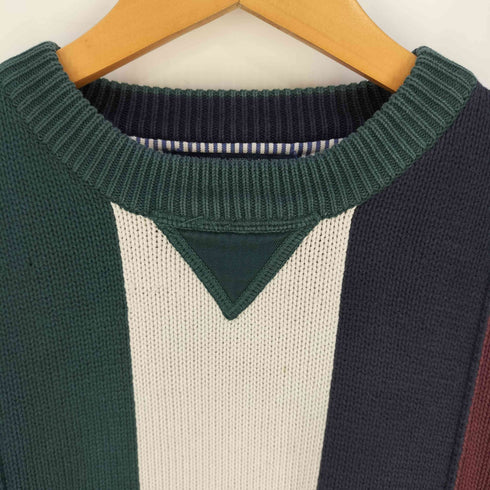 トミーヒルフィガー TOMMY HILFIGER 80-90s インド製 フラッグタグ エンブレム刺繍 マルチカラーストライプ 前V コットン ニット メンズ import:L