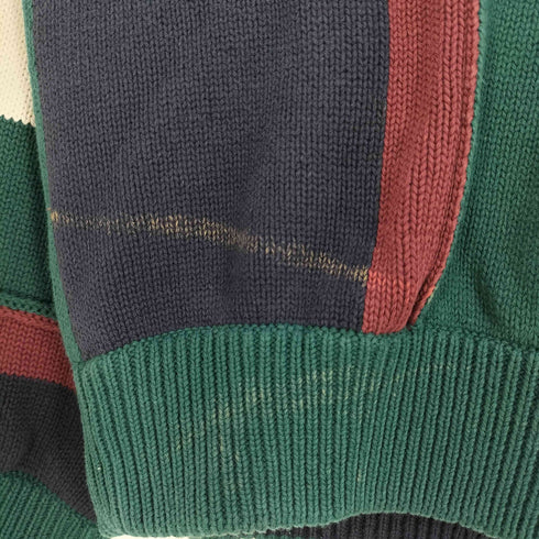 トミーヒルフィガー TOMMY HILFIGER 80-90s インド製 フラッグタグ エンブレム刺繍 マルチカラーストライプ 前V コットン ニット メンズ import:L