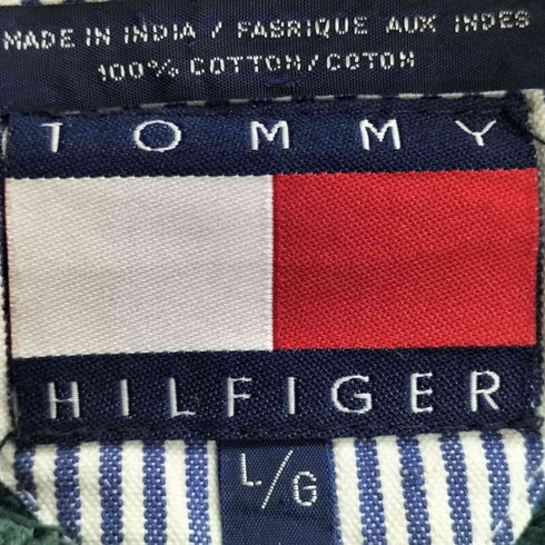 トミーヒルフィガー TOMMY HILFIGER 80-90s インド製 フラッグタグ エンブレム刺繍 マルチカラーストライプ 前V コットン ニット メンズ import:L