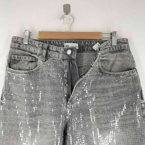 ザラ ZARA MID-RISE WIDE LEG SEQUIN FOIL JEANS レディース 32