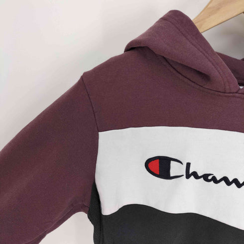チャンピオン Champion スクリプト ロゴ 刺繍 スイッチングカラー プルオーバー パーカー 袖目あり レディース import:XL