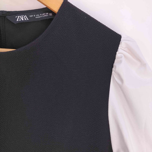 ザラ ZARA 異素材ドッキング パフスリーブ プリーツブラウス レディース import:S