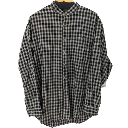 Policy STUDIO レーヨンリネン混 ワンポケットL/Sバンドカラーチェックシャツ メンズ import:L