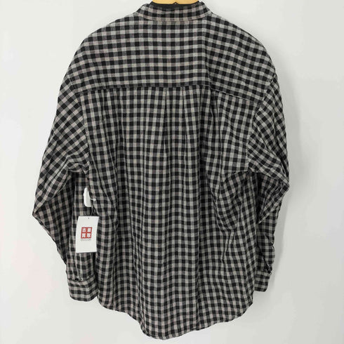 Policy STUDIO レーヨンリネン混 ワンポケットL/Sバンドカラーチェックシャツ メンズ import:L