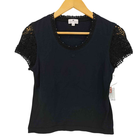 クレージュ courreges ロゴ刺繍 ビーズ レース切替Tシャツ レディース 9R