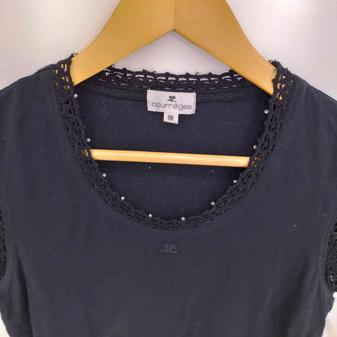 クレージュ courreges ロゴ刺繍 ビーズ レース切替Tシャツ レディース 9R
