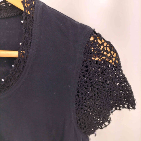 クレージュ courreges ロゴ刺繍 ビーズ レース切替Tシャツ レディース 9R