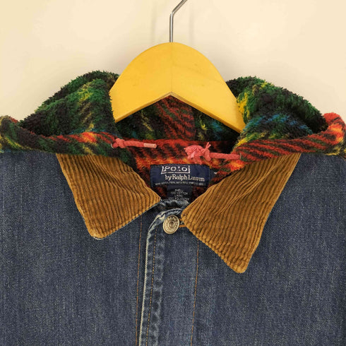 ポロバイラルフローレン Polo by RALPH LAUREN 90s USA製 裏地チェック 襟コーデュロイ フーデッド デニム カバーオール メンズ import:M