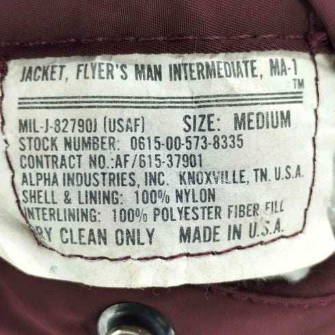 アルファインダストリーズ ALPHA INDUSTRIES USA製 MA-1 フライト ジャケット メンズ import:M