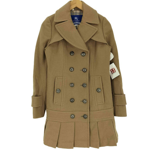バーバリーブルーレーベル BURBERRY BLUE LABEL 裏地ノバチェック タック スカート ダブルボタン ウール ナイロン ショールカラー ステンカラー コート レディース 36