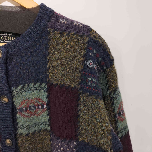 エディーバウアー Eddie Bauer 00S Legendタグ Deer bay Patchwork マルチカラー パッチワークウールカーディガン レディース import:XL
