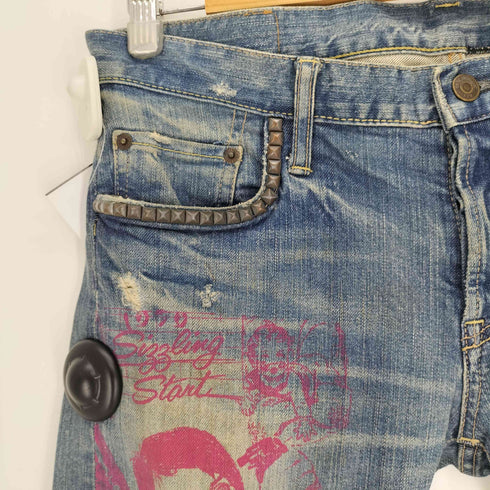 ジィヒステリックトリプルエックス Thee Hysteric XXX DESTROY ALL MONSTERS デストロイオールモンスターズ プリント スタッズ スキニー デニム パンツ メンズ 34