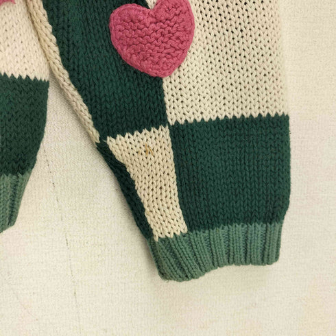 80-90S PARIS SPORT CLUB WORLD WIDE ブロックチェック ハート刺繍 コットンニット カーディガン レディース import:M