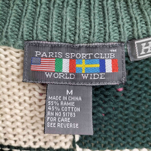 80-90S PARIS SPORT CLUB WORLD WIDE ブロックチェック ハート刺繍 コットンニット カーディガン レディース import:M
