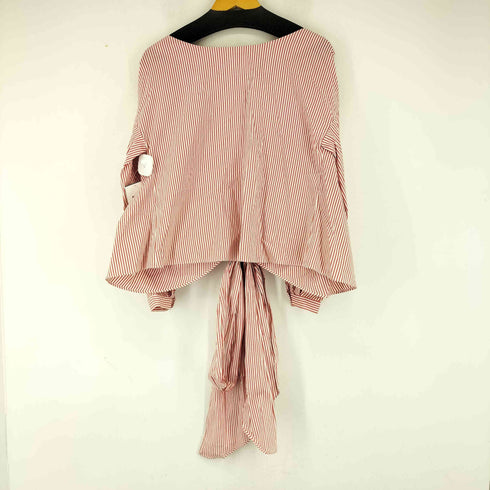 ザラ ZARA CZERWONA BLUZKA W PASKI TOP PLISOWANY RĘKAW PAS KOKARDKOWY レディース import:M