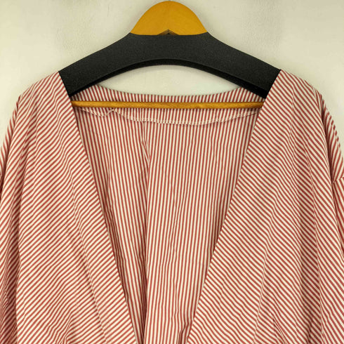 ザラ ZARA CZERWONA BLUZKA W PASKI TOP PLISOWANY RĘKAW PAS KOKARDKOWY レディース import:M