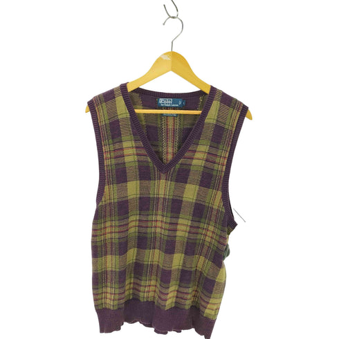 ポロバイラルフローレン Polo by RALPH LAUREN 90S チェック柄 シルクリネン ニットベスト メンズ JPN:L