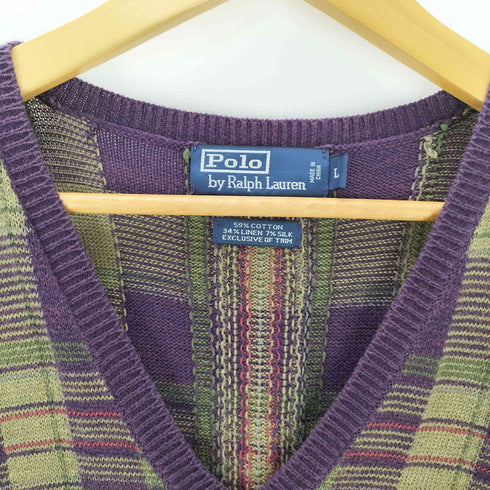 ポロバイラルフローレン Polo by RALPH LAUREN 90S チェック柄 シルクリネン ニットベスト メンズ JPN:L