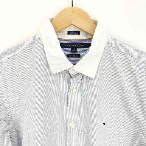 トミーヒルフィガー TOMMY HILFIGER 80's 2PLY CUSTOM FIT ロゴ 刺繍 総柄 ストライプ シャツ メンズ import:L