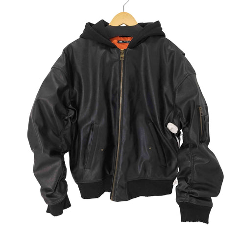 ザラ ZARA LEATHER EFFECT JACKET WITH HOOD フェイクレザーフーデットジャケット メンズ import:L