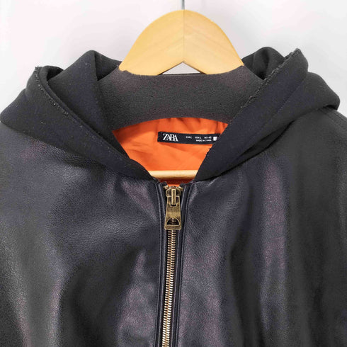 ザラ ZARA LEATHER EFFECT JACKET WITH HOOD フェイクレザーフーデットジャケット メンズ import:L