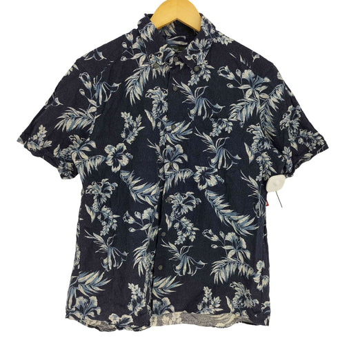 エディーバウアー Eddie Bauer ハイビスカス リーフ 総柄 リネン混 B.D S/S アロハ シャツ メンズ import:M