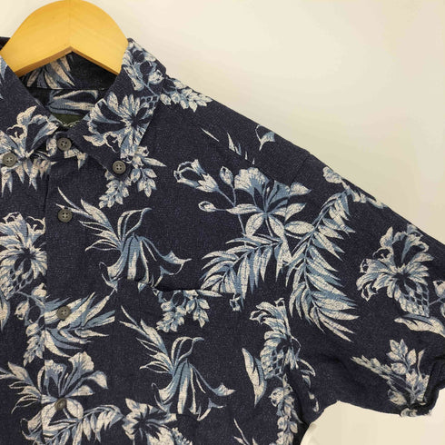 エディーバウアー Eddie Bauer ハイビスカス リーフ 総柄 リネン混 B.D S/S アロハ シャツ メンズ import:M