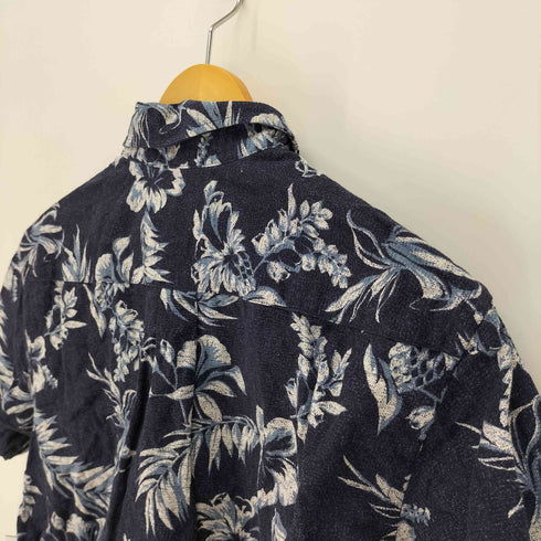 エディーバウアー Eddie Bauer ハイビスカス リーフ 総柄 リネン混 B.D S/S アロハ シャツ メンズ import:M