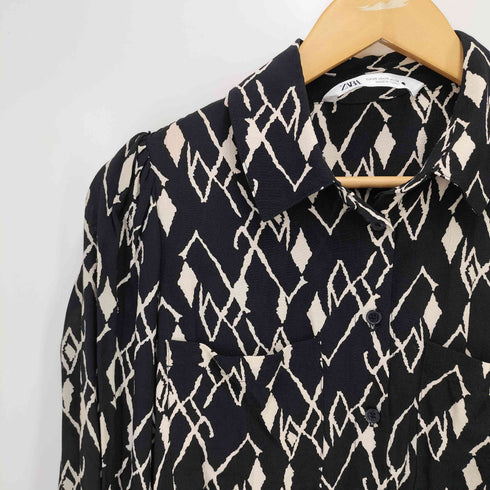 ザラ ZARA 総柄プリント レーヨン ハーフボタン シャツ ワンピース レディース import:XS