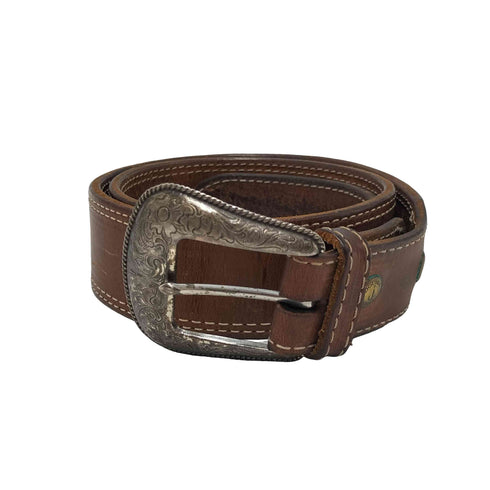 DOUBLE J SADDLERY 花柄 バックル ダブル ステッチング カービング ウエスタン レザー ベルト メンズ 38
