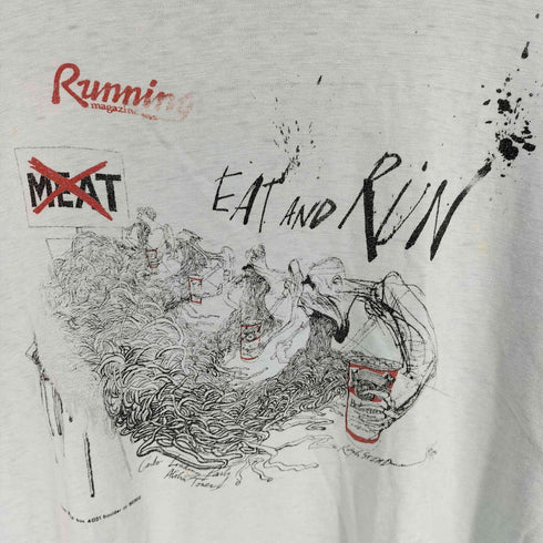 80S Running magazine EAT AND RUN アート プリント Tシャツ コピーライト 1981 袖シングルステッチ メンズ