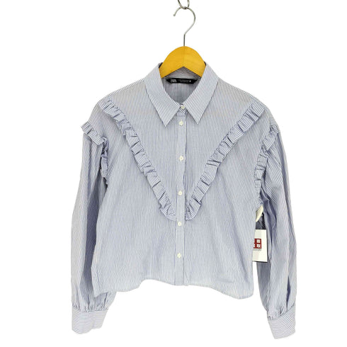 ザラ ZARA フリル付き ポプリン ストライプ シャツ ブラウス レディース import:M