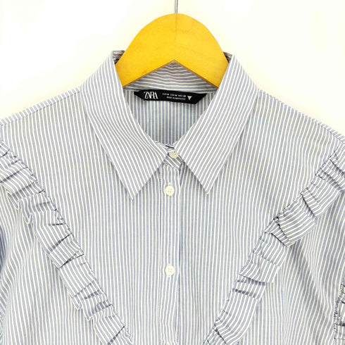 ザラ ZARA フリル付き ポプリン ストライプ シャツ ブラウス レディース import:M