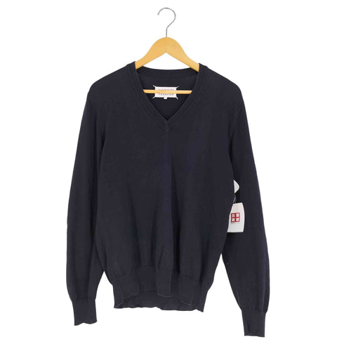 メゾンマルジェラ Maison Margiela 14 イタリア製 レザー エルボーパッチ コットン Vネック ニット メンズ import:L