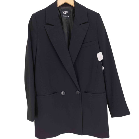 ザラ ZARA ピークドラペル ダブル ブレスト ポリ ロング テーラード ジャケット レディース import:XS