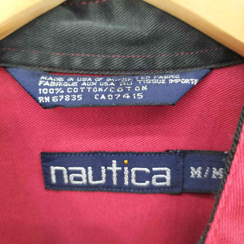 ノーティカ NAUTICA 90S USA製 フロントポケット ロゴ刺繍 ノーカラー シャツ メンズ import:M