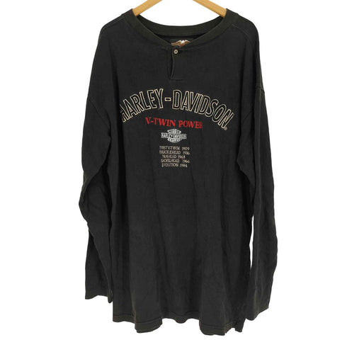 ハーレーダビッドソン HARLEY-DAVIDSON 90S V-TWIN POWER By The Years Long Sleeve Shirt ロゴ 刺繍 ヘンリーネック L/S Tシャツ メンズ import:XL
