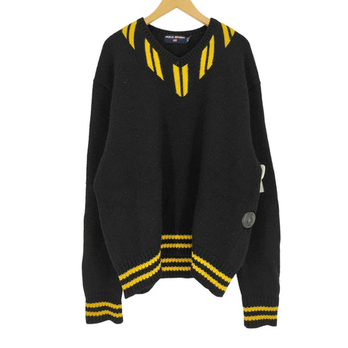 ポロスポーツラルフローレン POLO SPORT RALPH LAUREN 90S 畦編み リブ ライン Vネック レザー エルボーパッチ ウール ニット ビッグサイズ メンズ import:XXL