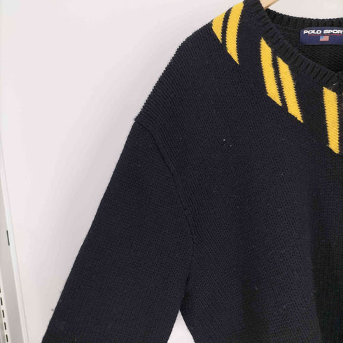 ポロスポーツラルフローレン POLO SPORT RALPH LAUREN 90S 畦編み リブ ライン Vネック レザー エルボーパッチ ウール ニット ビッグサイズ メンズ import:XXL