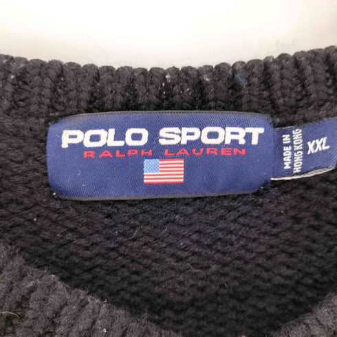 ポロスポーツラルフローレン POLO SPORT RALPH LAUREN 90S 畦編み リブ ライン Vネック レザー エルボーパッチ ウール ニット ビッグサイズ メンズ import:XXL