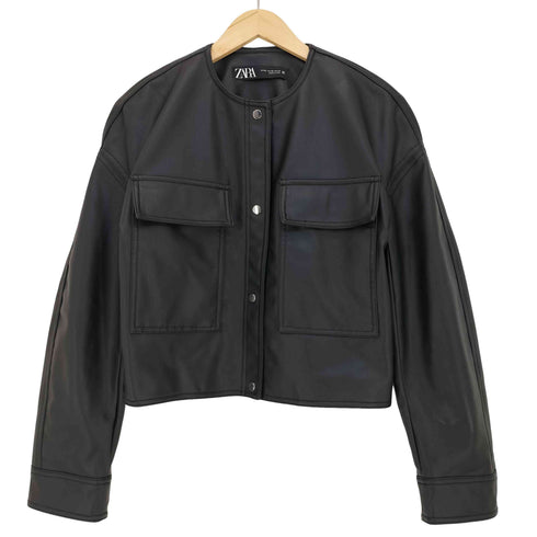 ザラ ZARA ショート丈 ノーカラー フェイクレザージャケット レディース import:XS