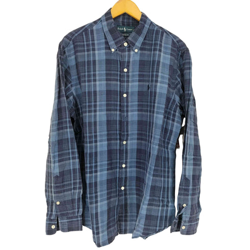 ラルフローレン RALPH LAUREN 90s COSTOM FIT ポニー刺繍シルクリネンチェック柄オックスフォードシャツ メンズ JPN:L